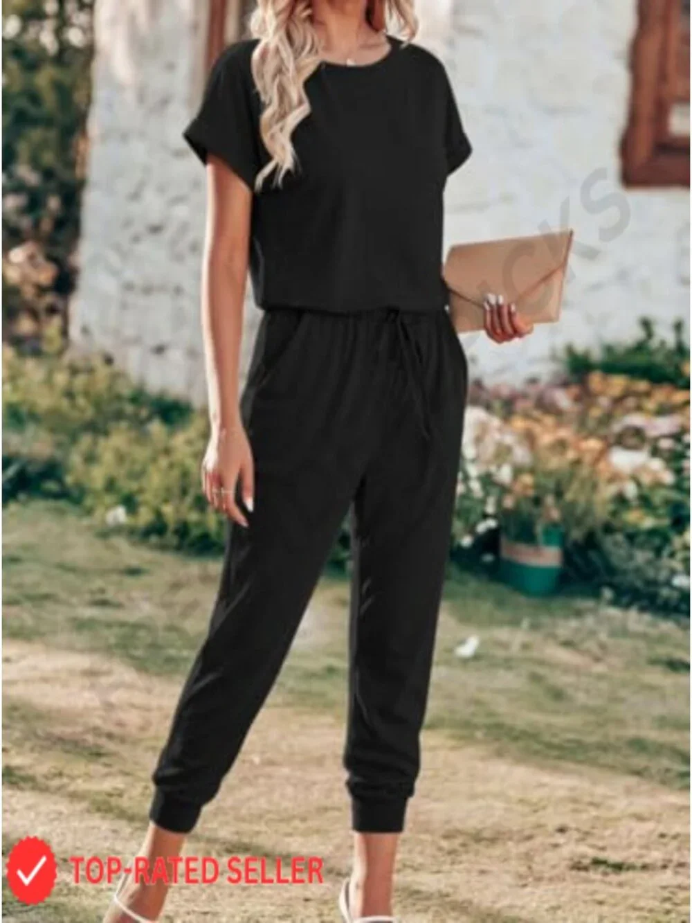 Women's Casual Stretchy Jumpsuit Crew Neck Romper with Pockets